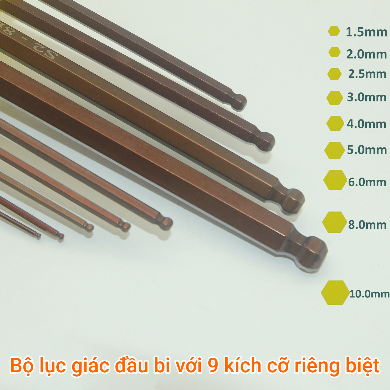 Bộ lục giác bi 9 cây chữ L hệ mét chất liệu thép S2