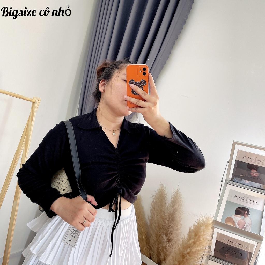 Áo thun cổ bẻ bigsize nữ tay dài rút ngực dáng croptop vải thun borip Thái A27 - MÀU TRẮNG