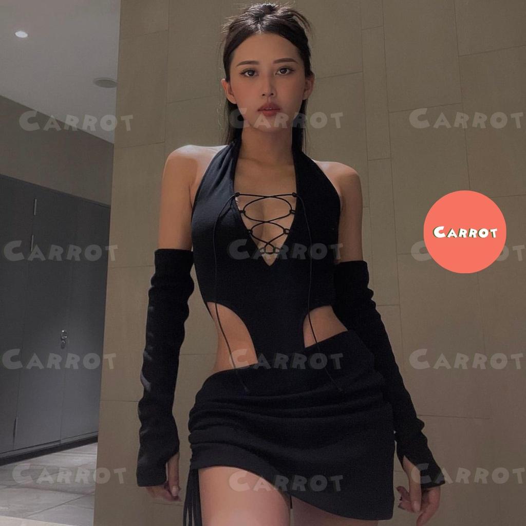 Set đồ nữ đi chơi sang chảnh áo croptop tay dài dây chéo chân váy ngắn đen rút dây tôn dáng ôm body carrotxinhdep