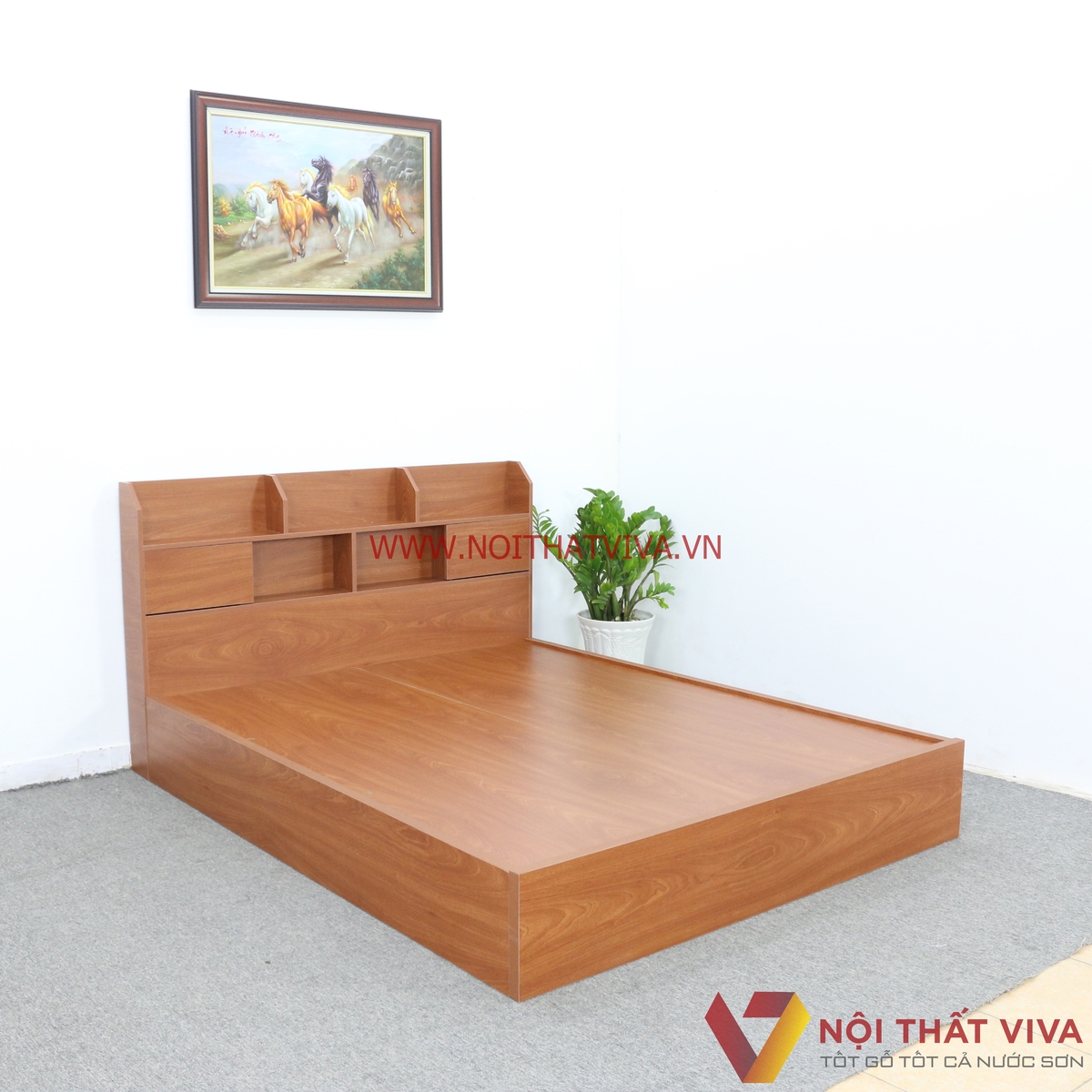 Giường Ngủ Gỗ MDF Melamine Màu Xoan Đào Có Kệ Trang Trí Đẹp Giá Rẻ