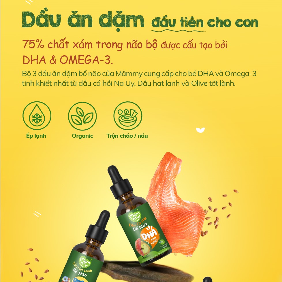 SET 3 Dầu ăn dặm bổ não cho bé Mămmy 30ml, Dầu Olive bổ não, dầu cá hồi bổ não, dầu hạt lanh bổ não - 1 chai/ 30ml