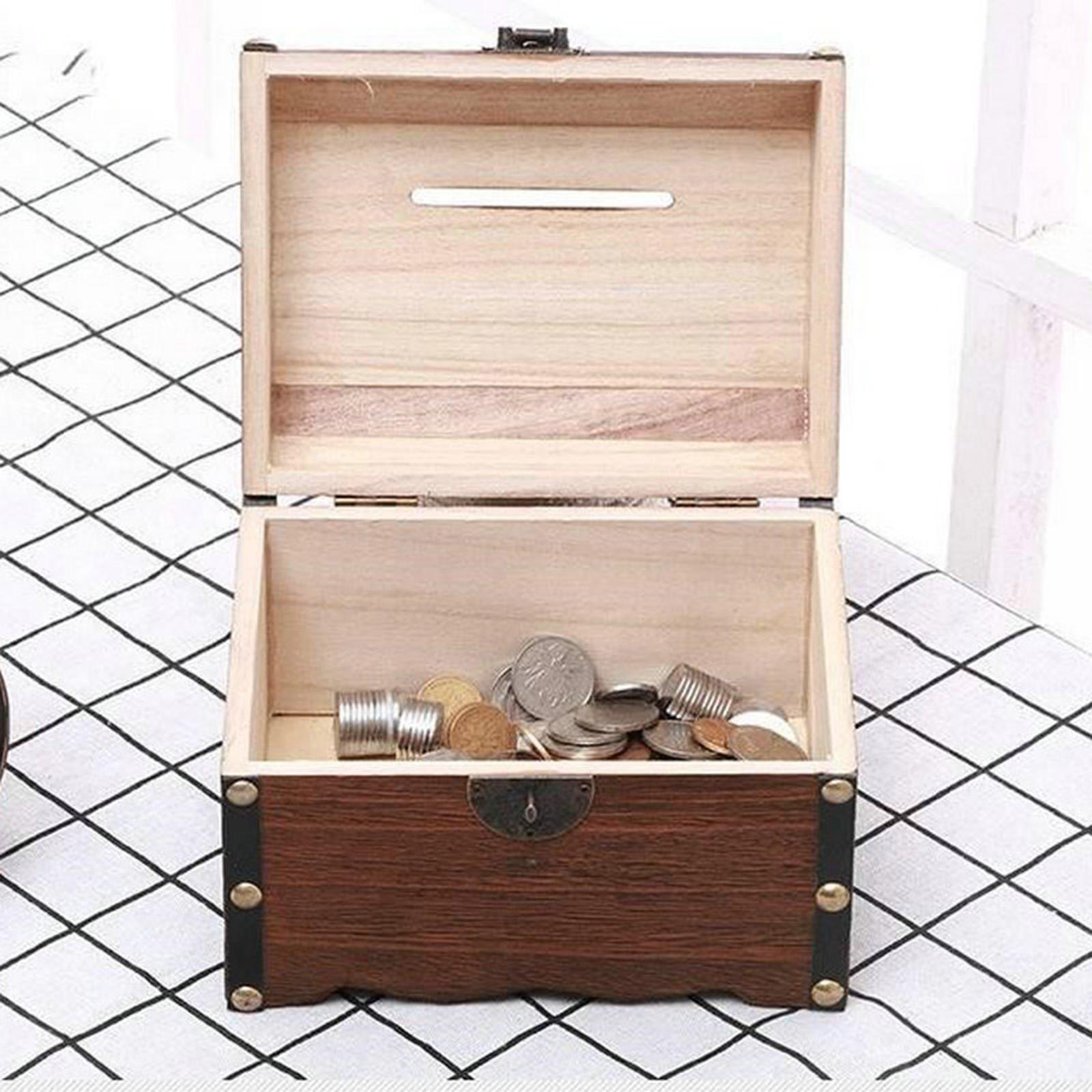 2xWooden Treasure Chest Retro Money Storage Box Case Coin Piggy Bank Organizer