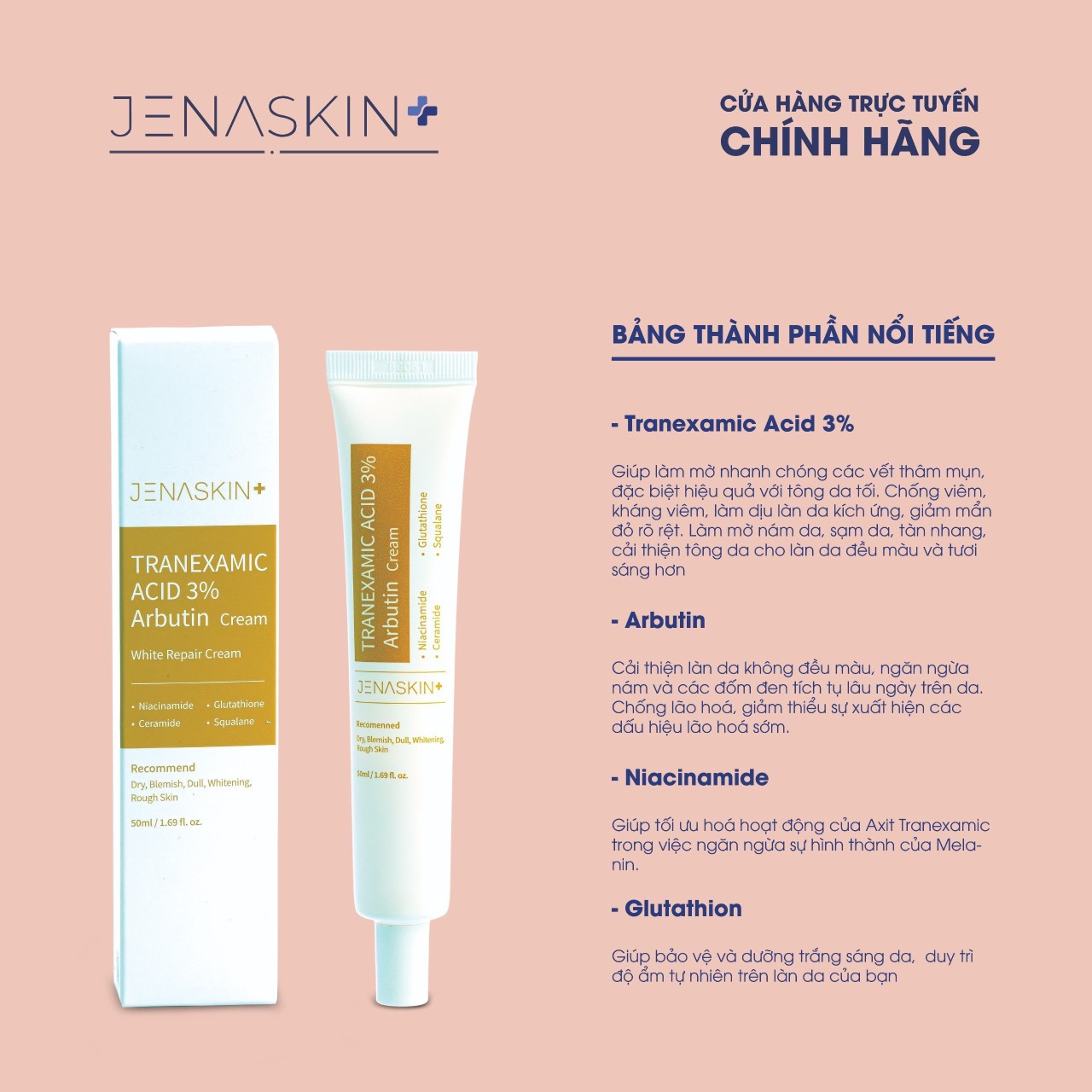 Kem Nám Dưỡng Trắng Jenaskin Tranexamic 3% Nám 50ml - Kem nám dưỡng trắng da, mờ nám, tàn nhang, tái tạo phục hồi da