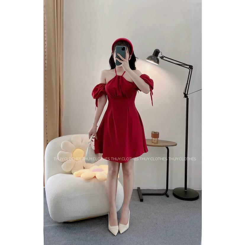 Đầm đỏ cổ yếm khoét vai tay thắt nơ đi chơi noel du xuân đón tết