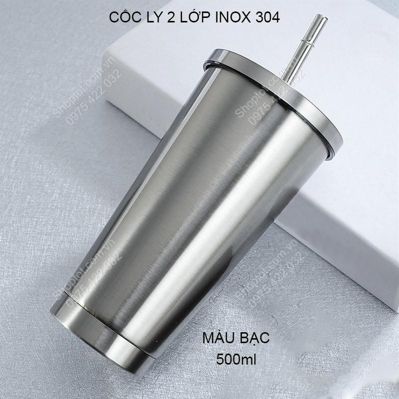 CỐC (LY) 2 LỚP INOX 304 CR500, CHỐNG NÓNG, CÓ NẮP VÀ ỐNG HÚT, CỠ LỚN 500ML, DÙNG ĐƯỢC TRÊN XE HƠI