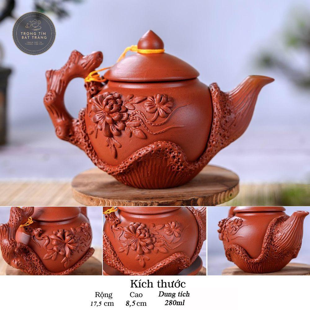 Bộ Ấm Chén Trà Đạo Gốm Tử Sa Bát Tràng Đắp Nổi Hoa Phù Dung Dáng Thủy Bình Dung Tích 400ml ATSML 02.1
