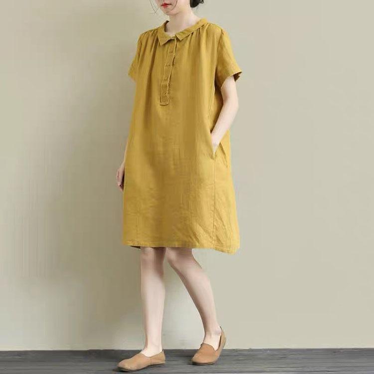 Đầm suông đũi cổ sen nằm không kén dáng mặc, thời trang xuân hè 2022 - Vàng