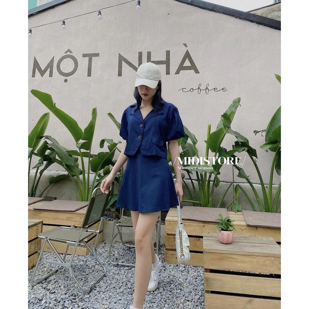 Set croptop áo sơmi cổ vest tay bồng kèm chân váy