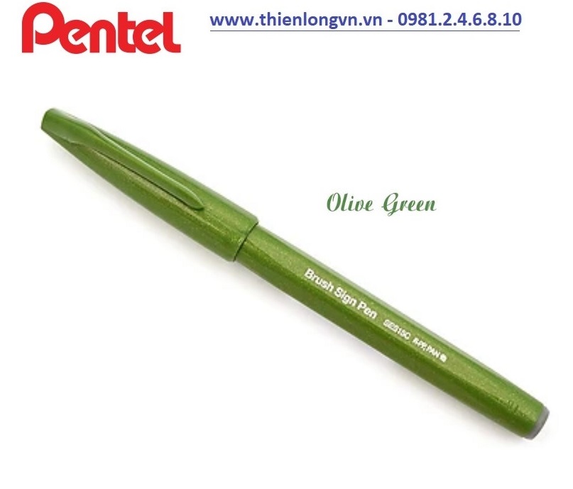 Bút lông viết thư pháp hiện đại Pentel SES15C-D2X xanh ô liu; Calligraphy Fude Touch Sign - Olive green