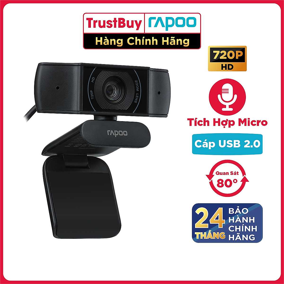 Webcam RAPOO Chất Lượng HD 720P Micro Khử Ồn Kép - XW170 - Hàng Chính Hãng