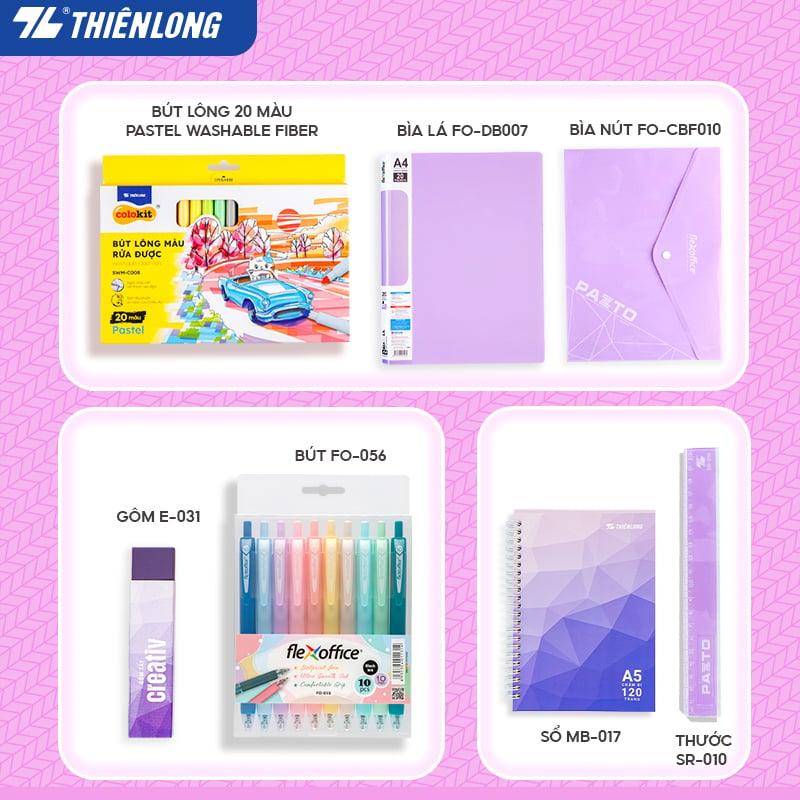 [Combo Cấp 2-3] Combo dụng cụ học tập thể hiện cá tính - Tone Tím pastel  - 07 món (Lưu trữ tài liệu, sổ, bút màu, bút trang trí)