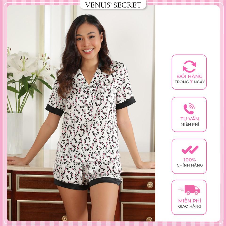 Đồ bộ mặc nhà lụa cao cấp thiết tay ngắn ngực thắt nơ có họa tiết báo đốm VENUSSECRET