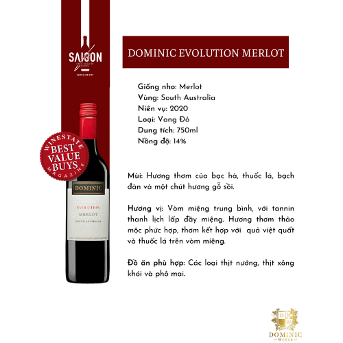 Rượu Vang Đỏ Dominic EVOLUTION Merlot 750ml 14% Acl