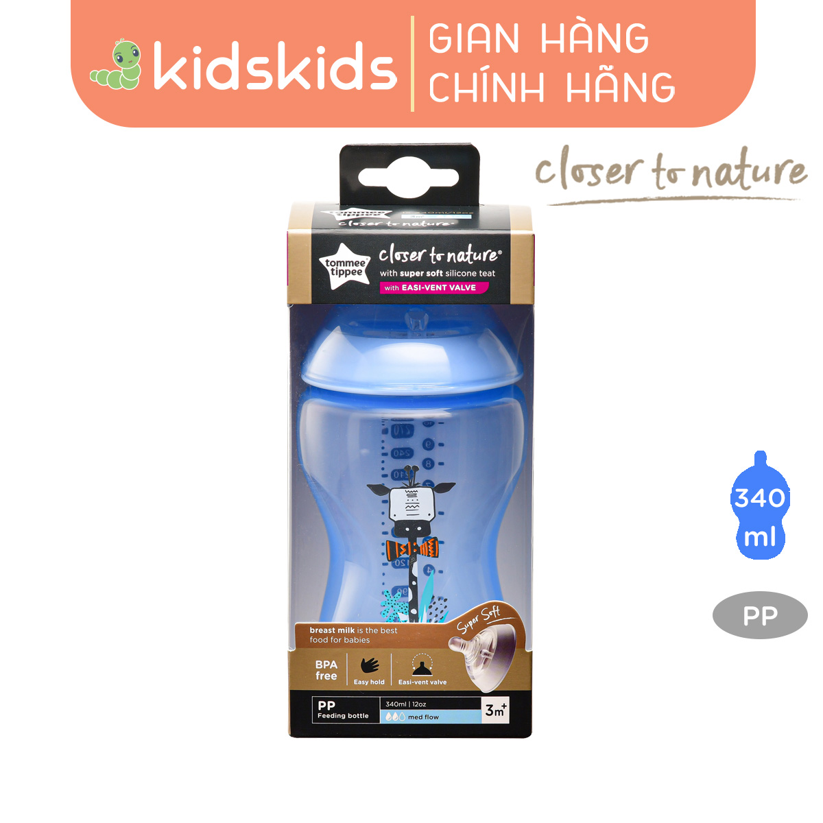 Bình sữa ty siêu mềm tự nhiên Tommee Tippee Closer to Nature 340ml, núm ty đi kèm 3-6 tháng - Xanh Dương