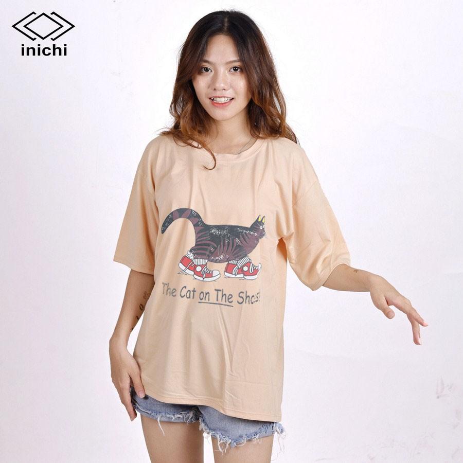 Áo thun INICHI unisex tay lỡ form rộng phong cách, in hình chú mèo ngố mang giày - IC651