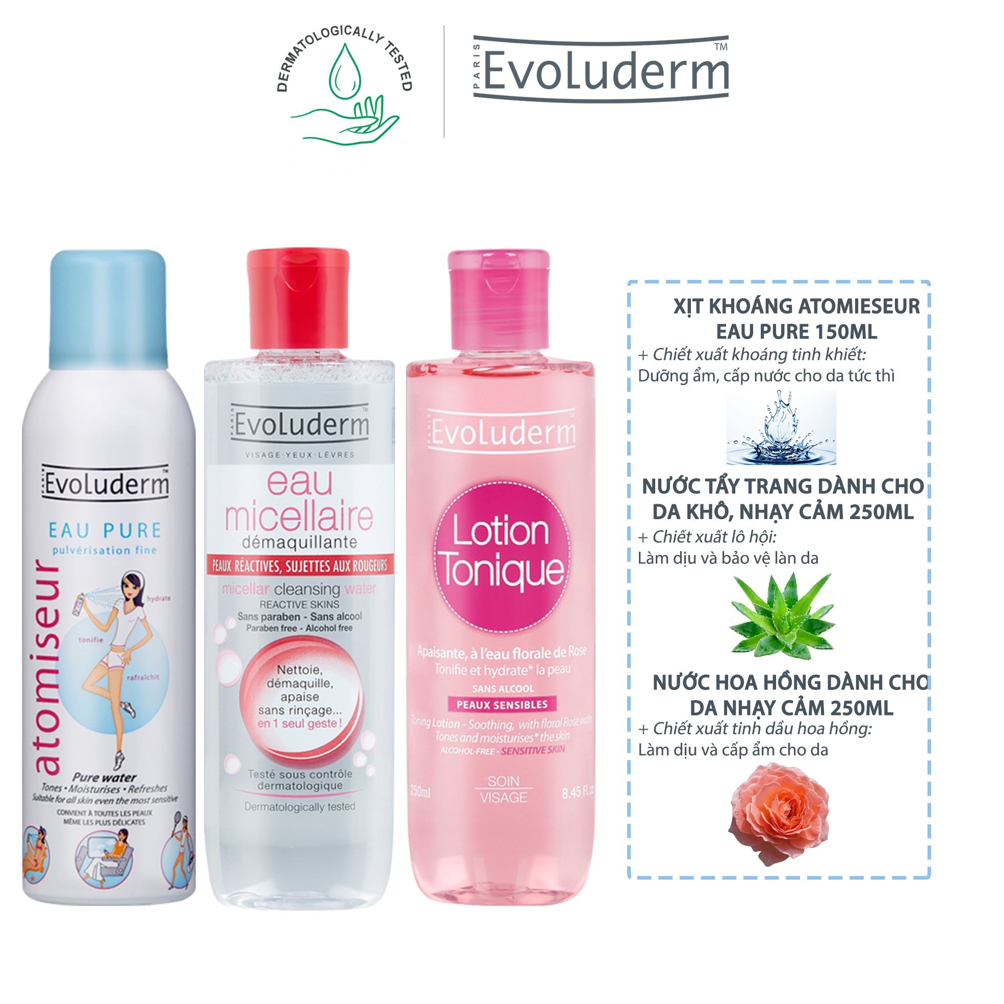 Bộ combo xịt khoáng Evoluderm 150ml và nước tẩy trang chiết xuất lô hội Evoluderm 250 và nước hoa hồng Evoluderm 250ml