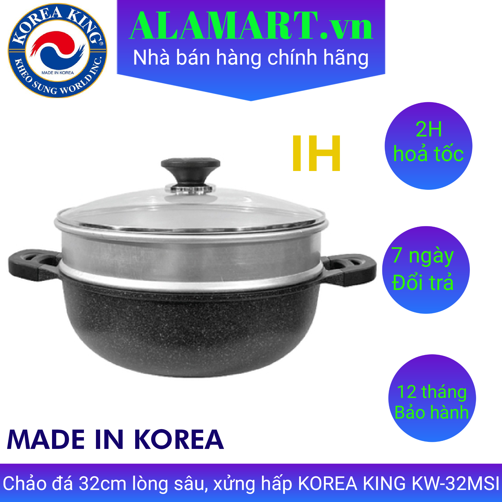 Chảo không dính kèm xửng hấp đa năng Korea King KW-32MSI