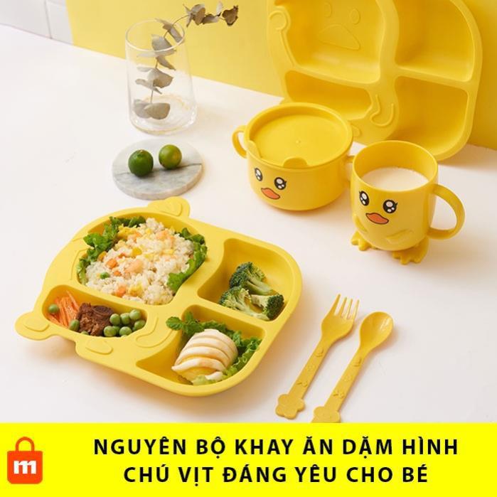 Bộ Khay Ăn Dặm Hình Con Vịt Vàng Cho Bé Đủ Phụ Kiện Khay, Muỗng, Nĩa, Ly, Chén