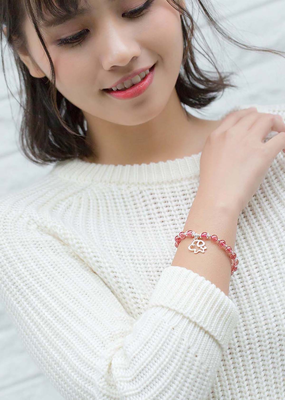 Vòng tay đá thạch anh dâu phối charm cún con mệnh hỏa, thổ - Ngọc Quý Gemstones