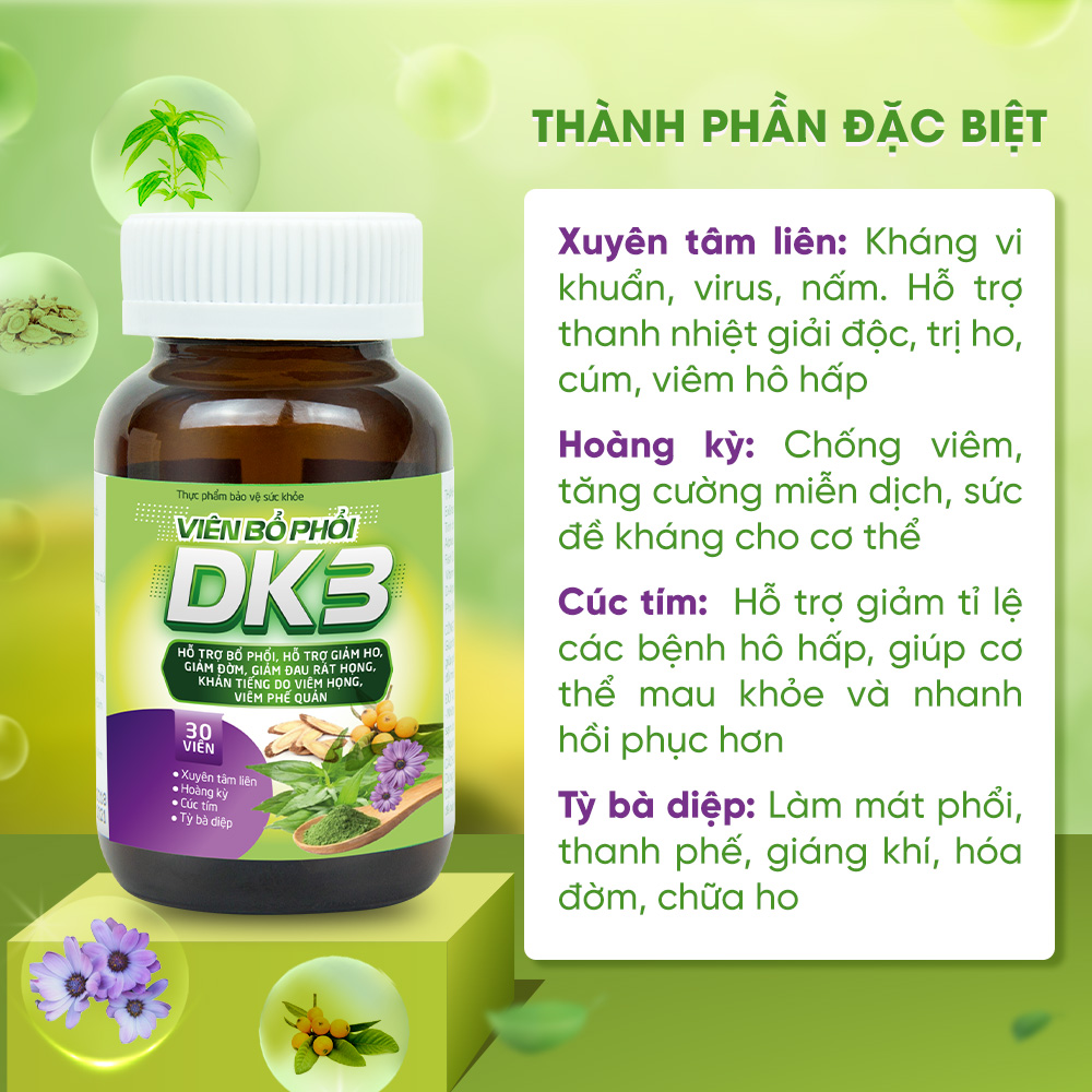 Viên Uống Bổ Phổi DK3 Giảm Ho Đau Rát Họng Viêm Phế Quản Hộp 30 Viên