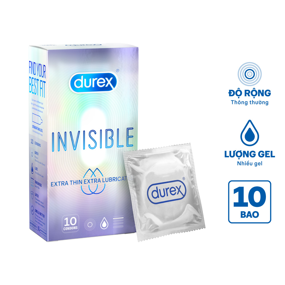 Bao Cao Su Durex Invisible Extra Thin, Extra Lubricated (Hộp 10 Cái)