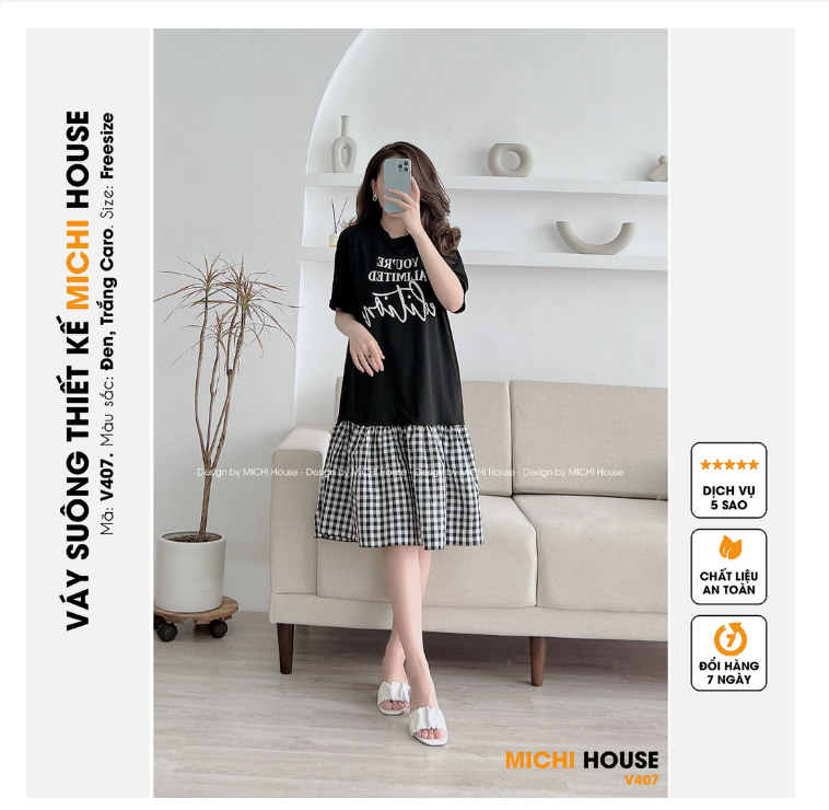 Đầm Thun Phối Kẻ Đuôi Cá Form Rộng MICHI House - V407 Váy Xuông Cổ tròn Tay Ngắn Freesize Mặc Bầu Xinh
