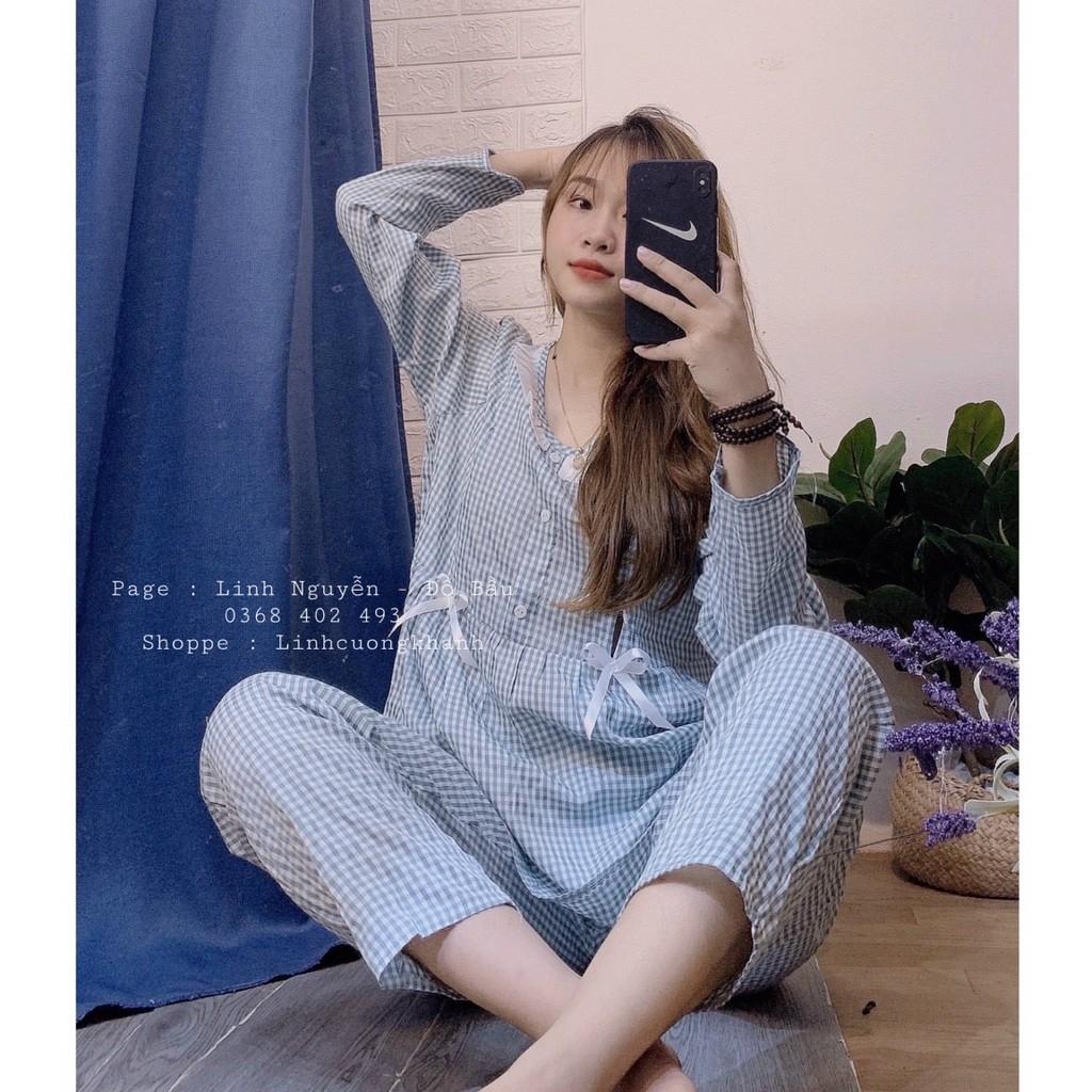 Bộ Bầu Sau Sinh Dài Tay Họa Tiết Kẻ Dễ Thương Kết Hợp Cho Con Bú Mặc Ở Nhà HT4628 Honey Mommy