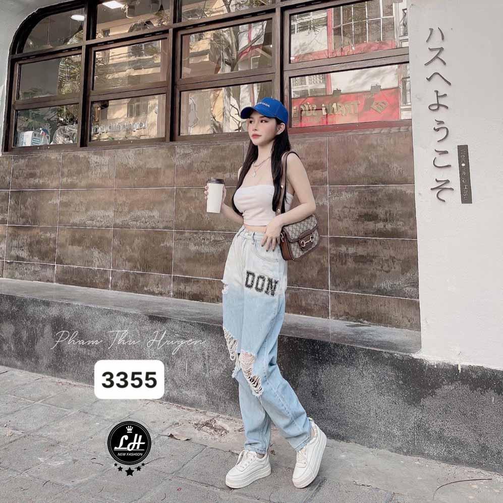 Quần jean rách đùi nữ loang màu ống rộng ulzzang lưng cao thêu chữ DON Lê Huy Fashion MS 3355