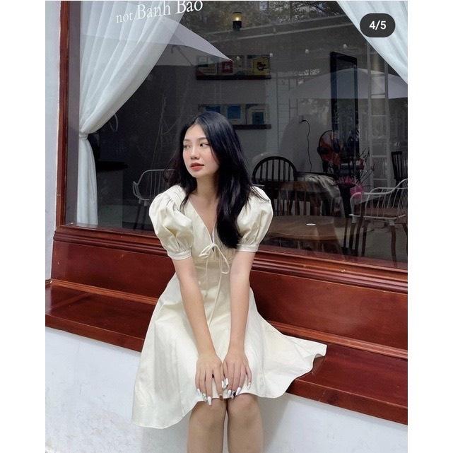 Váy Đũi Cổ V Khóa Lưng Ulzzang Hàn Quốc, Đầm Nữ Tiểu Thư Cực Xinh