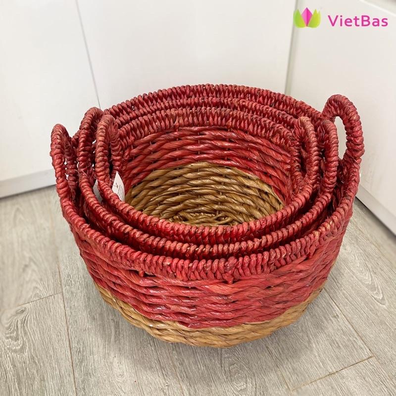 Giỏ lục bình tay cầm đỏ VIETBAS tròn có quai MAU76