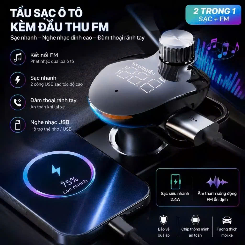 Tẩu sạc trên xe hơi kiêm đầu thu, phát FM Rockspace B302 kết nối bluetooth hàng chính hãng BH 1 năm