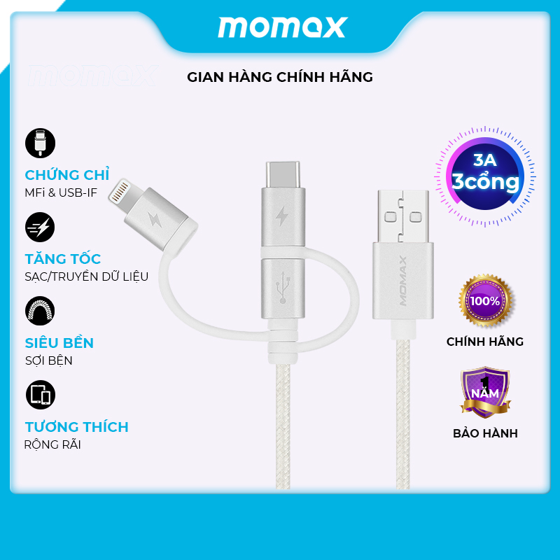 Cáp sạc và Truyền dữ liệu Đa năng 3 trong 1 Momax ONE Link DX1 cổng Type C + Lightning + Micro USB - Hàng chính hãng