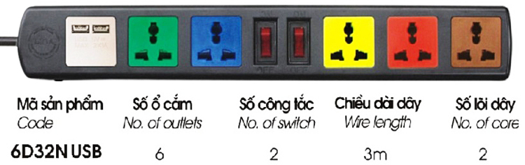 Ổ Cắm Đa Năng Có Cổng Sạc USB LIOA 6D32NUSB (Dây 3m)