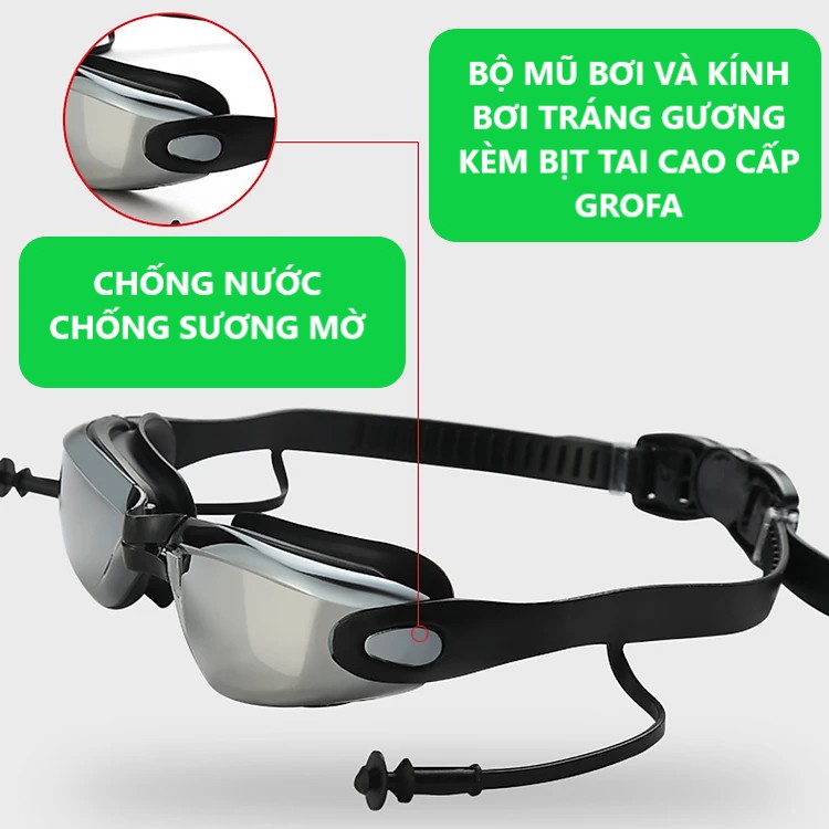 Kính Bơi Tráng Gương kèm bịt tai cao cấp GroFa chống sương mù, chống tia UV Hàng chính hãng - Tặng kèm nón bơi Silicon (Màu ngẫu nhiên)