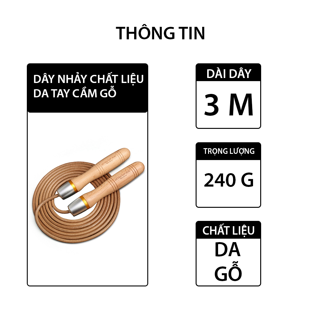 Dây nhảy tập thể dục thể lực ( boxing , Muay Thái ) chất liệu da bò chắc bền , chuôi gỗ đầm tay Cleacco - Hàng chính hãng