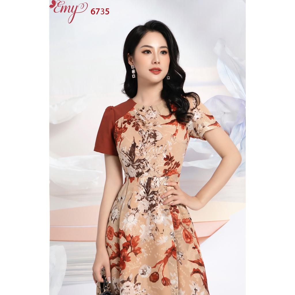 Đầm EMY EM6735 Xòe Midi Cổ Tròn