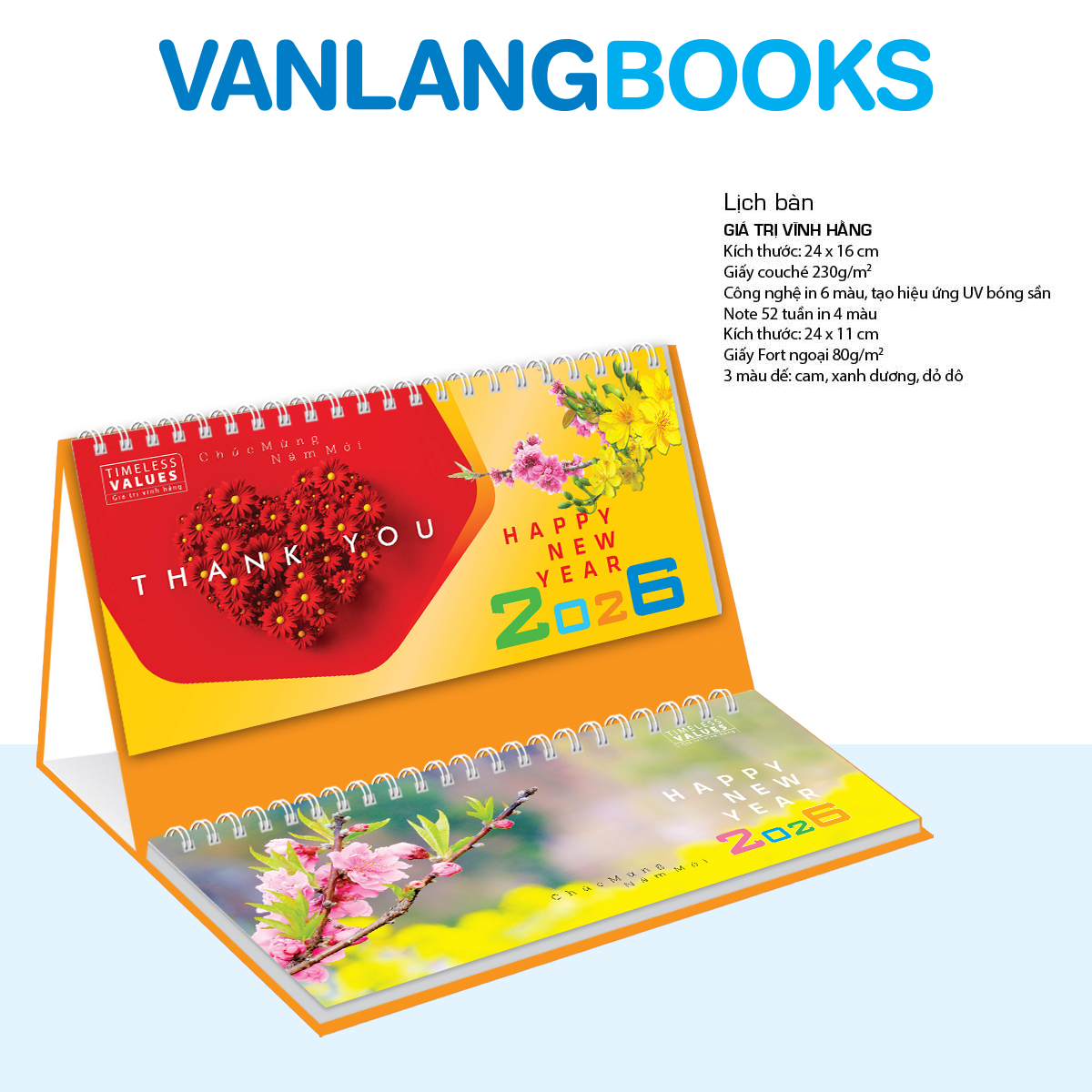 Lịch Bàn 2026 Vanlangbooks - Giá Trị Vĩnh Hằng (VLLB12B) Kèm Note 52 Tuần Tiện Lợi - Màu Cam