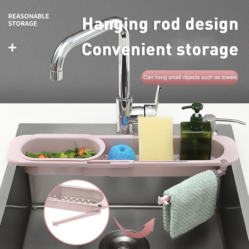 Telescopic Sink Shelf Kitchen Sinks Organizer Soap Sponge Holder Sink Drain Rack Storage Basket Towel Hook Kitchen Gadgets