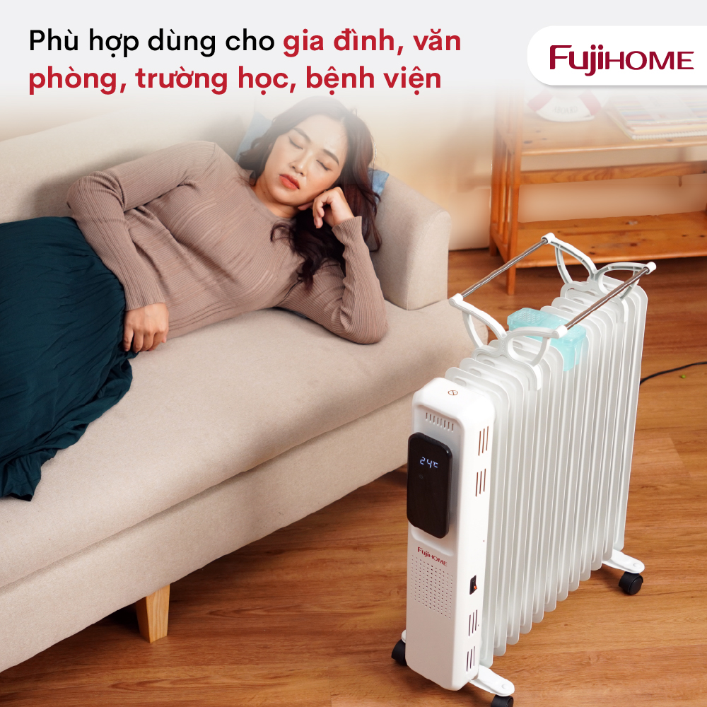 Máy sưởi dầu điều khiển từ xa không khô da Fujihome OH8613, máy sưởi ấm điện 13 thanh màn điện tử cảm ứng , tự ngắt an toàn tiết kiệm điện - Hàng chính hãng