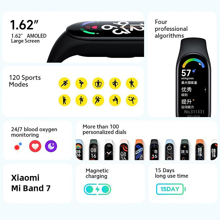 Đồng Hồ Thông Minh Xiaomi Mi Band 7 1.62" AMOLED Bluetooth 5.2 Với 120 Chế Độ Hỗ Trợ Luyện Tập đồng hồ thông minh-Hàng chính hãng