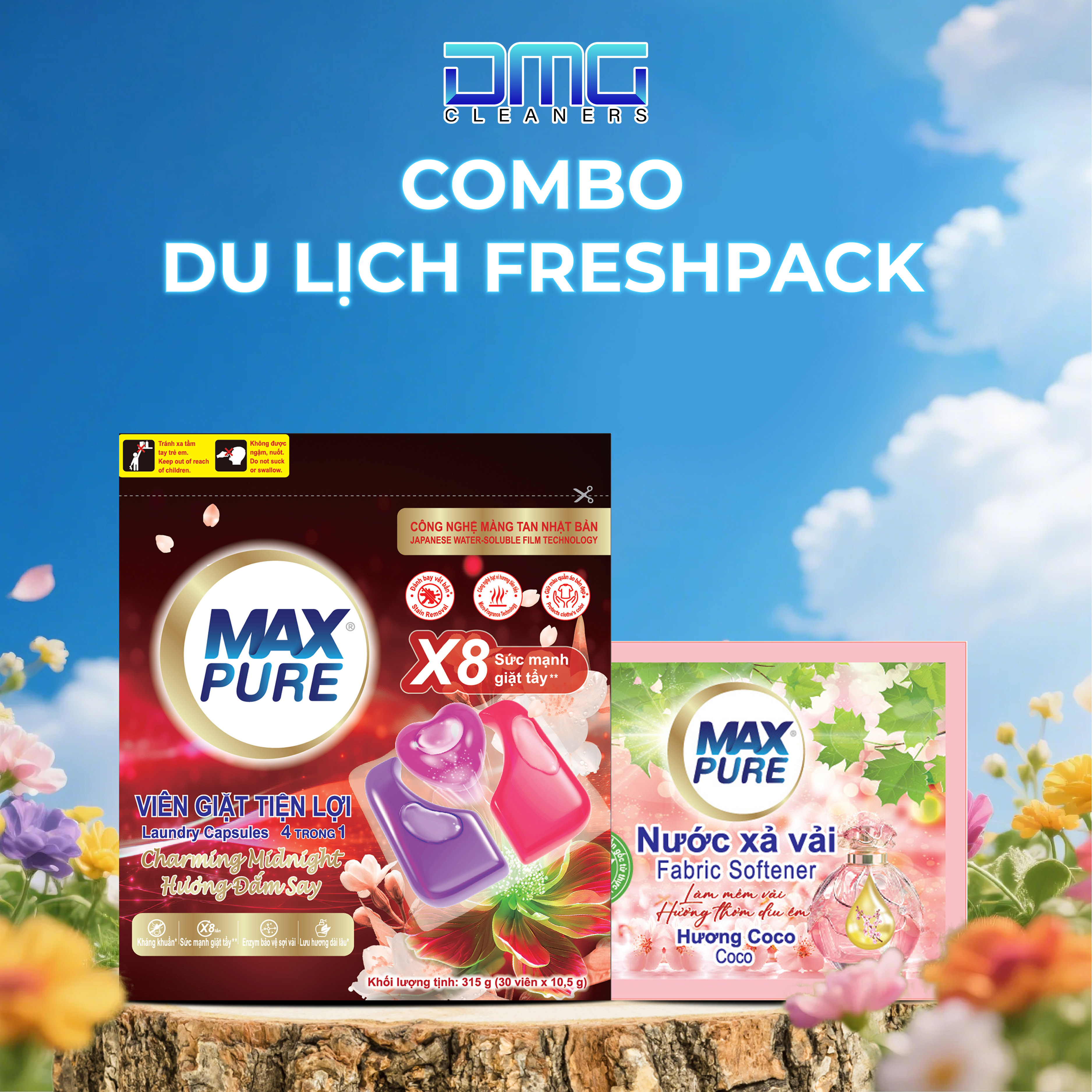 Combo Du Lịch FreshPack Maxpure: Túi Viên Giặt Hương Huyền Thoại + Dây Nước Xả Hương Coco (10 Gói) | Thơm Lâu, Sạch Sâu