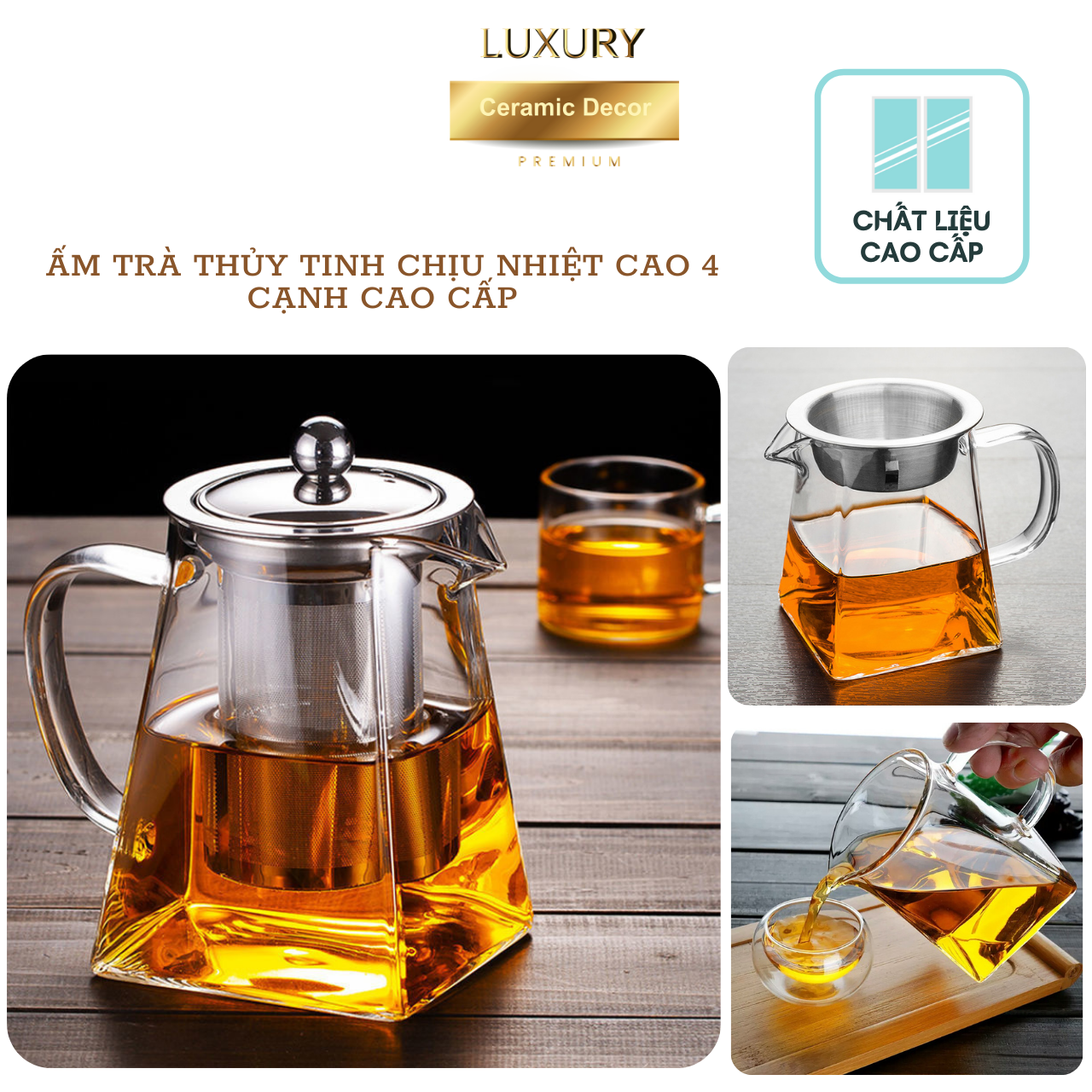 Bình Pha Trà Thủy Tinh Chịu Nhiệt Cao 1000 ML LUXURY - Hàng Nhập Khẩu