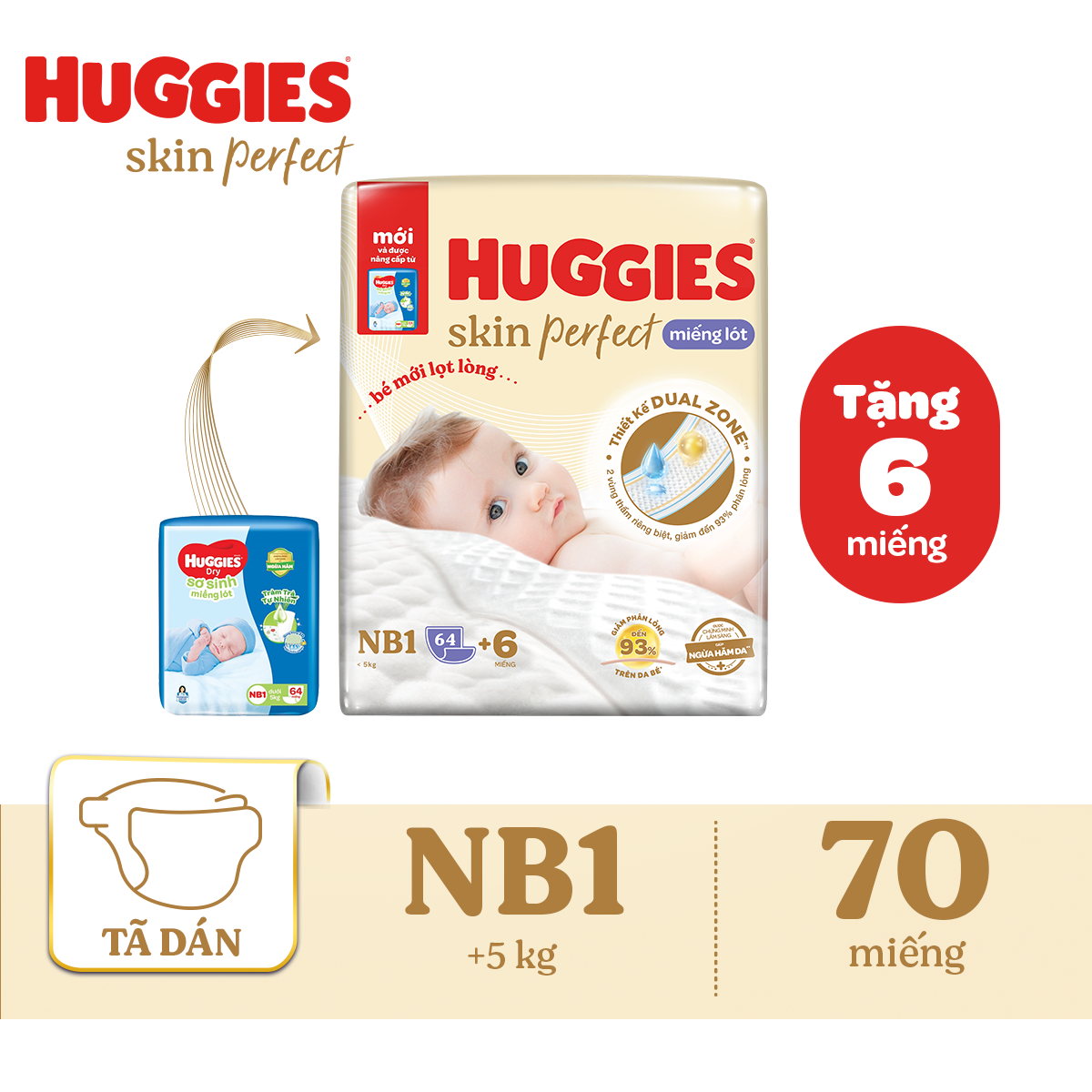 Miếng lót sơ sinh Huggies Skin Perfect NB1 64+6 miếng với 2 vùng thấm giảm kích ứng da