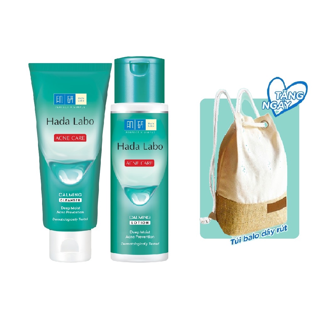 Bộ sản phẩm cho da mụn, nhạy cảm Hada Labo Acne Care Calming + Tặng Balo túi rút xinh xắn