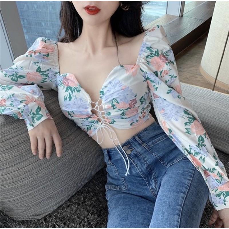 Áo croptop hoa lụa thắt nơ ngực sexy 2021  (mặc được 2 kiểu)