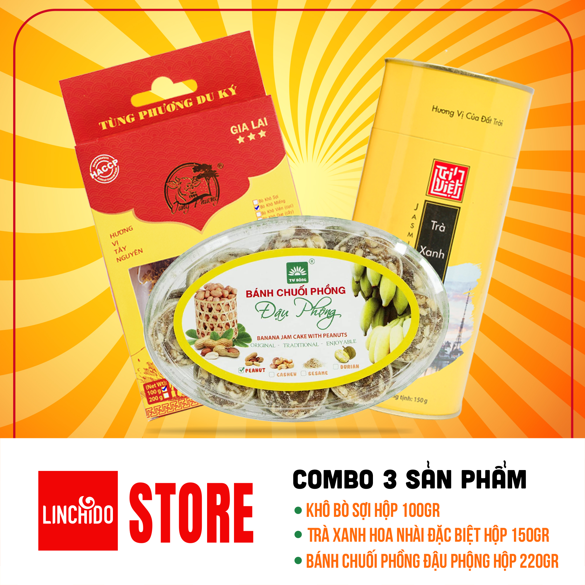 COMBO 3 MÓN ( Khô bò sợi hộp 100GR + Trà xanh hoa nhài đặc biệt hộp 150Gr + Bánh chuối phồng đậu phộng hộp 220GR )