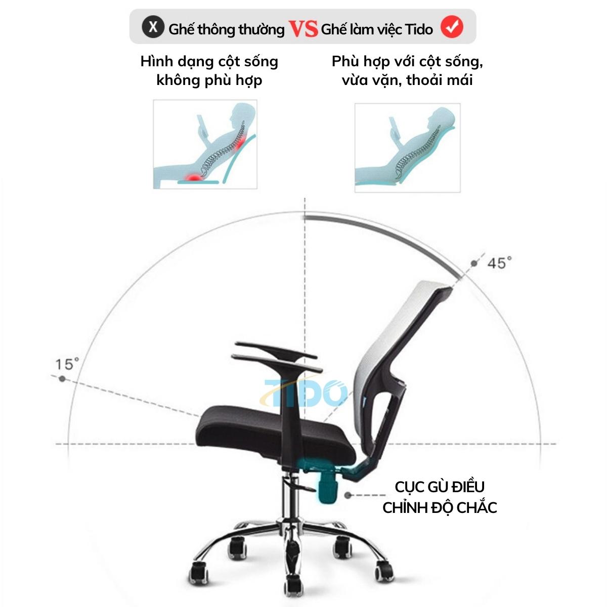 Ghế văn phòng công thái học TIDO ghế làm việc thiết kế lưng lưới thoát mát, chân thép mạ crom chắn chắc