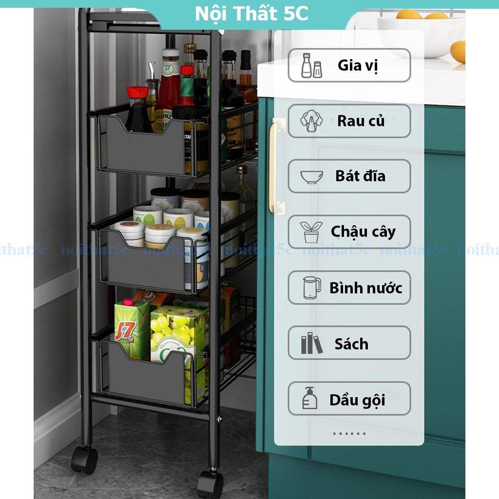 Kệ bếp đa năng để đồ kệ gia vị, kệ có bánh xe di chuyển xoay 360 độ chứa rau củ quả 4 tầng màu đen thông minh