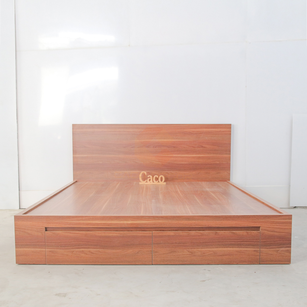 GIƯỜNG NGỦ GỖ MDF PHỦ MELAMINE MÀU VÂN GỖ ĐỎ CÓ HAI HỌC KÉO