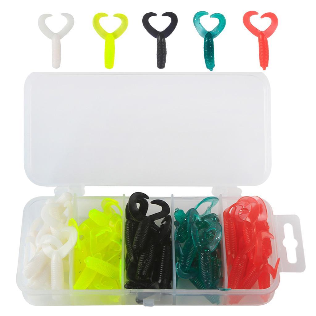 50pcs/set Portable Twin Tail Soft Fishing Lures Grub Maggots Worm Bait Swimbaits 5 Color